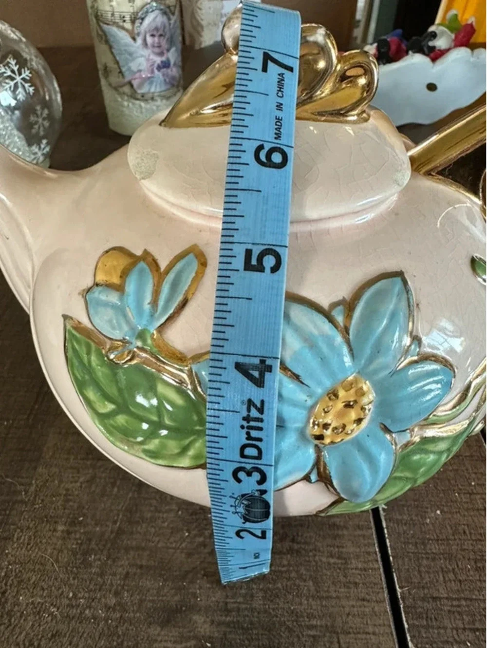 Vintage Hull USA Water Lily Pink Blue Floral Gold Trim Teapot w/Lid Chipped